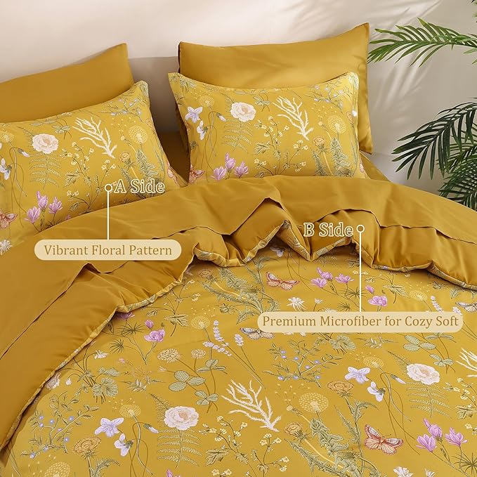 Yiran Queen Comforter Set, 7 Pieces Yellow Floral Soft Bedding Sets, Queen Bed in a Bag with Botanical Flowers All Season Comforter, Sheets, Pillowcases & Shams