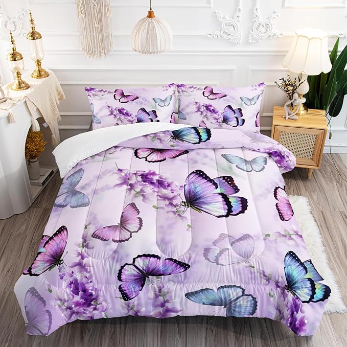 Lavender Butterfly Comforter Set for Girl Kid Adult Colorful Butterfly Pattern Bedding Set Aesthetics Butterflies Quilt Bed Set Queen Size with 1 Comforter and 2 Pillowcases
