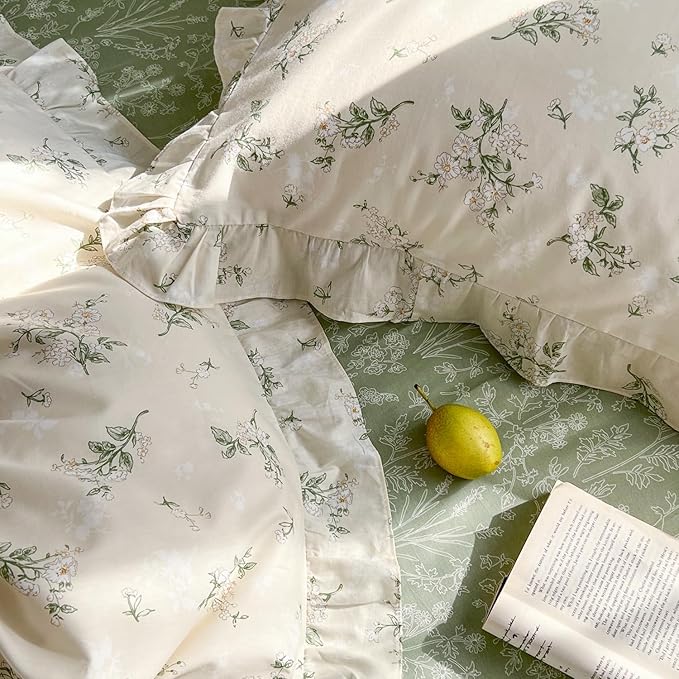 mixinni Cottagecore Floral Comforter Set Queen Size - 3 Piece Soft Reversible Ruffled Lace Botanical Duvet Cover with Pillow Shams, Light Beige & Green Leaf Print, Spring Bedding for Girls