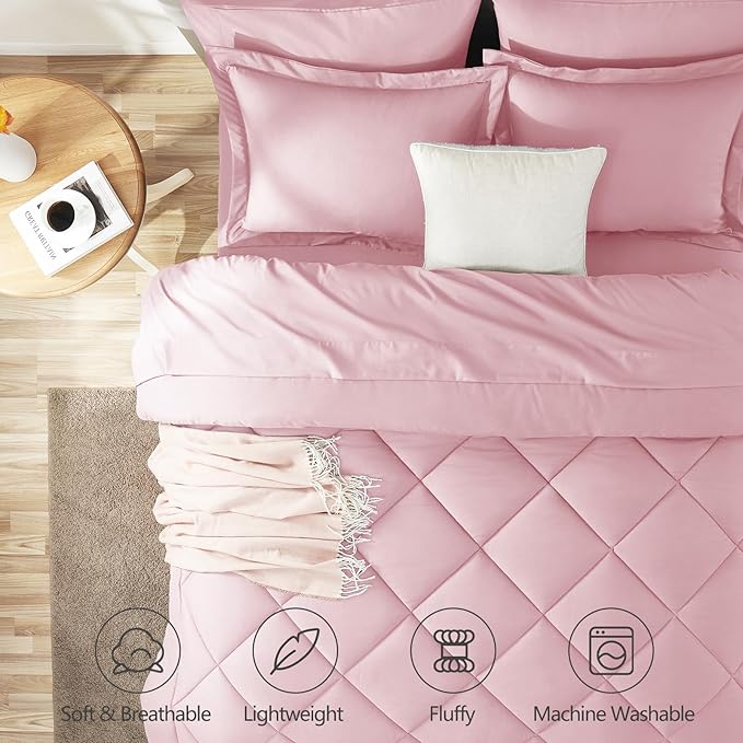 CozyLux Oversized King Comforter Set Pink, 7 Pieces Bed in a Bag Comforter Set with Sheets Luxury Bed Set for All Seasons, Bedding Set with Down Alternative Comforter, Sheets, Pillowcases & Shams