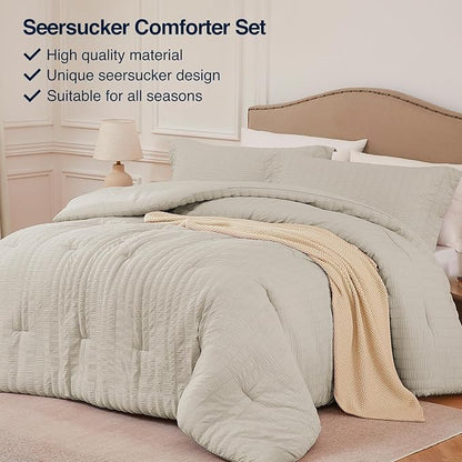 Oatmeal California King Comforter Set - 3 Pieces Seersucker Lightweight Bedding Comforter Sets (1 Soft Fluffy Comforter & 2 Pillowcases) - All Seasons Cozy Modern Bed Sets