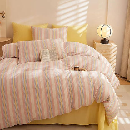 HighBuy Striped Comforter Set King Modern Pink Yellow Striped Comforter Set 3 Pieces Soft Fluffy Stripes Pattern Comforter with 2 Pillowcases Farmhouse Bedding Set King for Women Men