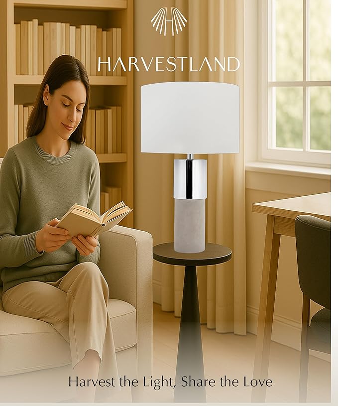 HarvestLand 22" Sole Cement Large Table Lamp – Modern Round Stone Lamp with Chrome Accent for Entry Table or Lamp for Living Room, Decorative lamp, Bedside Table lamp