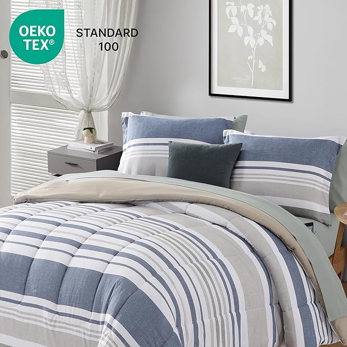 Monbix Full Size Comforter Set - 7 Pieces Bed in a Bag Full, Ocean Blue-Stripe Bedding Sets, All Seasons Comforter Bed Set with Sheets, Pillowcases & Shams