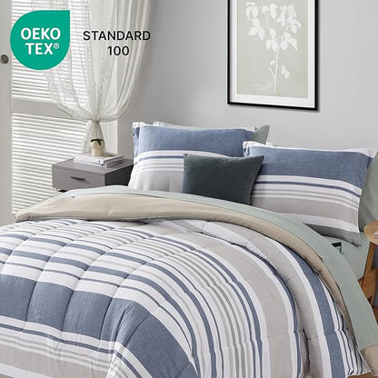 Monbix Queen Comforter Set - 7 Pieces Bed in a Bag Queen, Ocean Blue-Stripe Bedding Sets, All Seasons Comforter Bed Set with Sheets, Pillowcases & Shams