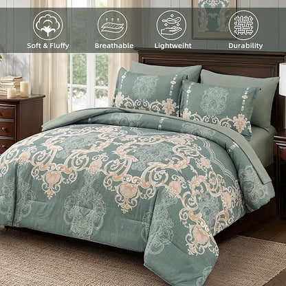 Mybedsoul Sage Green Queen Comforter Set, 7 Pieces Boho Bed in a Bag for Queen Bed, Damask Comforter with Sheets Pillowcases, Soft Microfiber Lightweight Bedding Sets for All Season(90"x90")