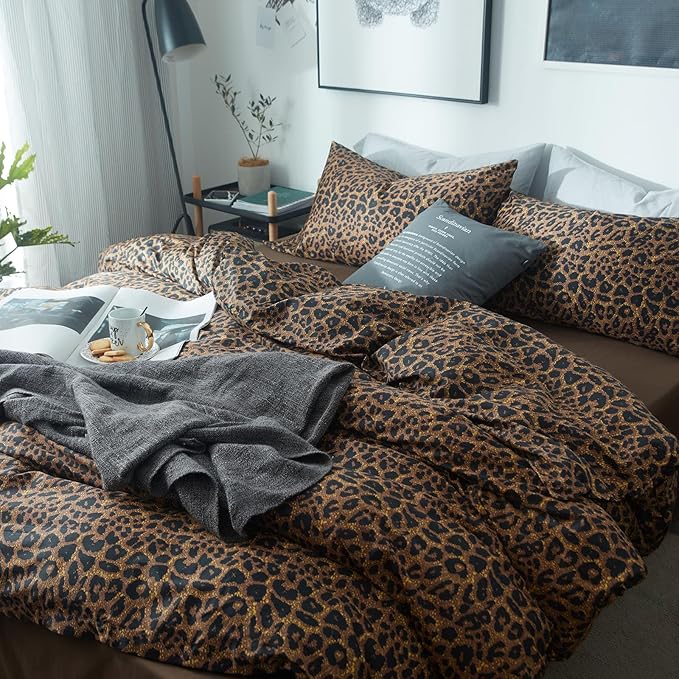 mixinni Leopard Print Comforter Set Full-3 Pieces Animal Cheetah Printed Comforter Sexy Soft Fluffy Brown/Black Floral Print Bedding Set with 2 Pillowcases for All Season-Full Size