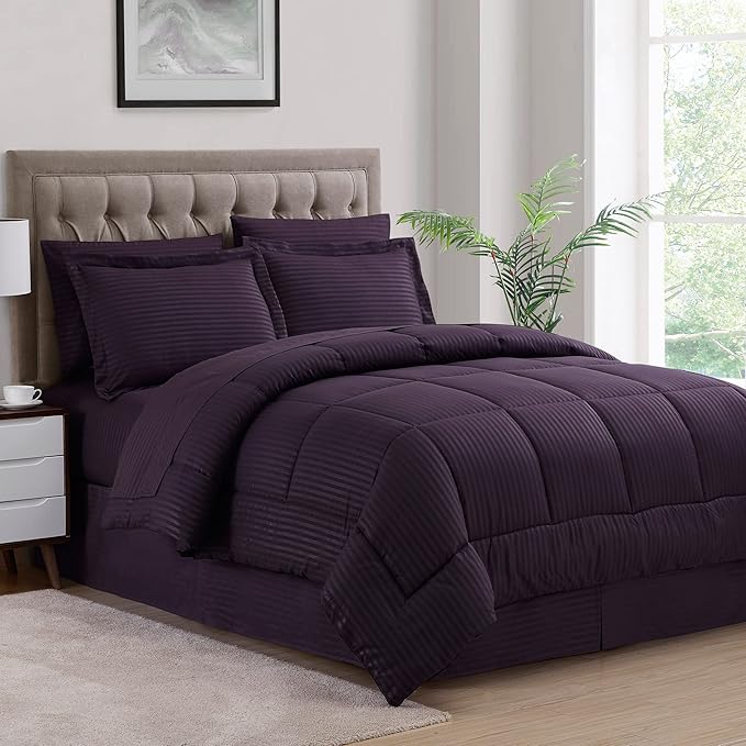 Queen Comforter Set 8 Piece Bed in a Bag with Bed Skirt, Fitted Sheet, Flat Sheet, 2 Pillowcases, 2 Pillow Shams, Queen, Dobby Purple