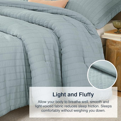 Twin Comforter Set Mist Blue,2PCS Seersucker Lightweight Bedding Comforter for All Season, Twin Size(68''×90'' Comforter & 1 Pillowcase)