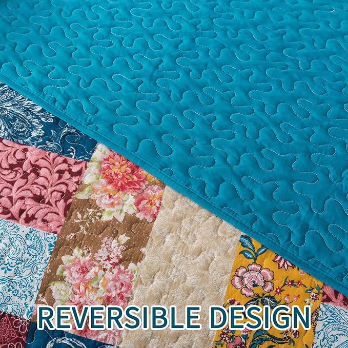 BEDIFANY Cotton King Quilt Set - Modern Farmhouse Bedspread with Vibrant Floral Pattern, 3-Piece Lightweight Coverlet (98x106 Inch) + 2 Pillow Shams, All Seasons Multicolor Quilt Bedding Set
