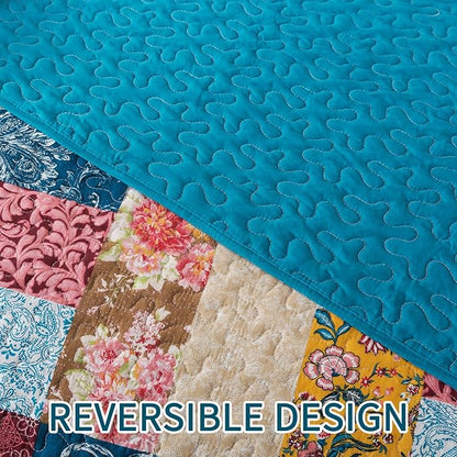 BEDIFANY Cotton King Quilt Set - Modern Farmhouse Bedspread with Vibrant Floral Pattern, 3-Piece Lightweight Coverlet (98x106 Inch) + 2 Pillow Shams, All Seasons Multicolor Quilt Bedding Set