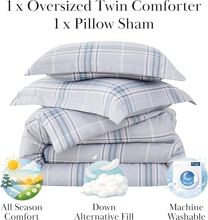 Southshore Fine Living, Inc. Vilano Plaid Collection - Twin Bed Comforter Set, Dorm Premium Bedding, All-Season Down Alternative Lightweight, Oversized 2-Piece Soft Comforter Set, Twin/XL, Grey