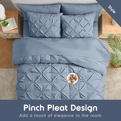 Nestl King Size Comforter Set 7 Pieces - Pinch Pleated Bed in a Bag, Stone Blue, All Season Bedding Set With Flat Sheet, Fitted Sheet, Pillowcases and Shams