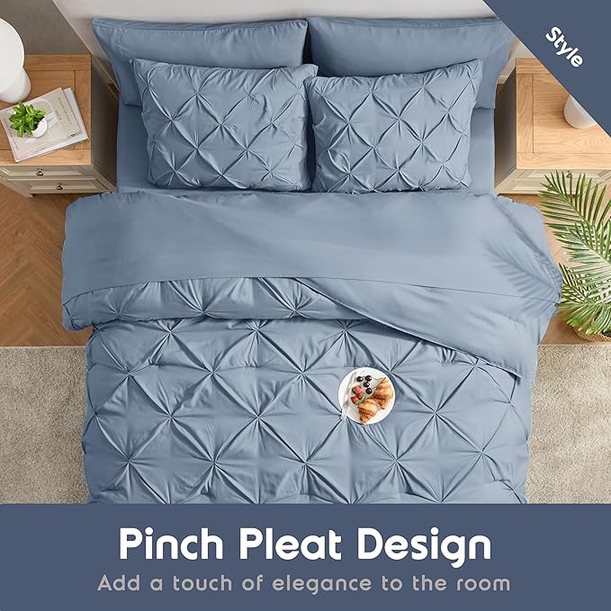 Nestl Full Size Comforter Set - 7 Piece Pinch Pleated Bedding With Sheets, Pillowcases, and Shams - All Season Bed in a Bag, Stone Blue