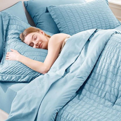 CozyLux Queen Comforter Set Sky Blue Seersucker 7 Pieces Bed in a Bag Queen Comforter Set with Sheets, Luxury Bedding Sets with Down Alternative Comforter, Sheets, Pillowcases & Shams All Seasons