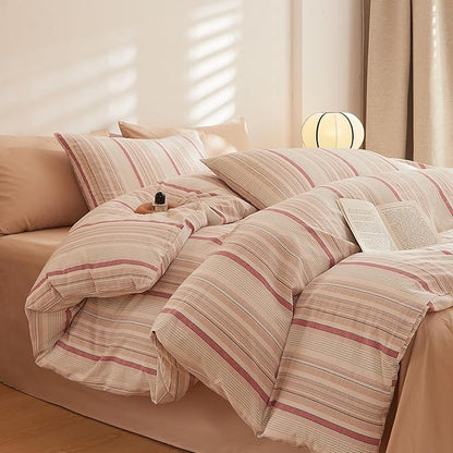 HighBuy Boho Striped Comforter Set Full Size,Brown Pink Stripes Pattern Printed Bedding Comforter Sets All Season,Comfy Soft Comforter Fluffy Stripe Bedding Set,1 Comforter,2 Pillowcases
