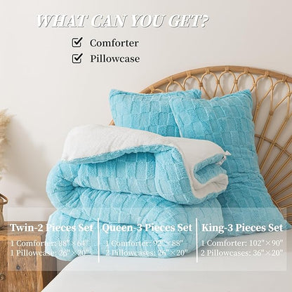 ELNIDO QUEEN® Fluffy Comforter Set Queen, Light Blue Winter Fleece Comforter Ultra Soft & Extra Pluffy Plush Comforter Set, Cozy Fuzzy Bed Comforter 3 Pieces (1Comforter, 2 Pillowcases),92x88 inch