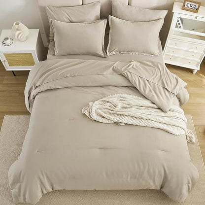 Litanika Oversized King Comforter Sets Oatmeal - 7 Pieces Bed in a Bag Oversized King Bedding Comforter Sets, Solid Lightweight Bed Set with Comforter, Sheets, Pillowcases & Shams