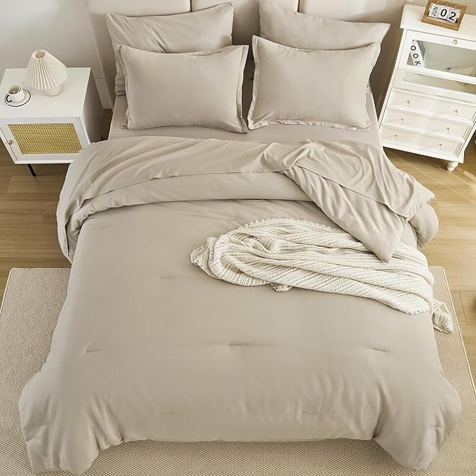 Litanika Comforter King Size Set Oatmeal - 7 Pieces Bed in a Bag King Bedding Comforter Sets, Plain Lightweight Bed Set with Comforter, Sheets, Pillowcases & Shams