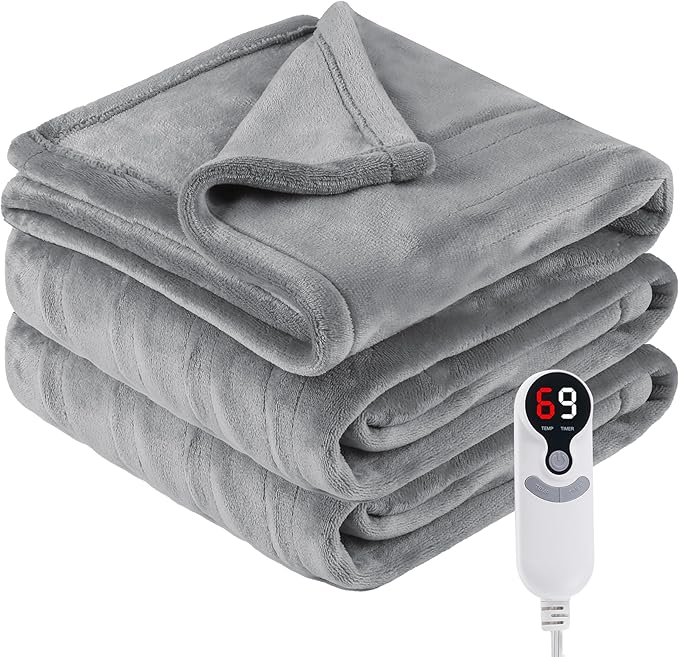 Electric Heated Blanket Throw Size 50"x60", Fast Heating Throw, Soft Microplush for Sofa & Office,6 Heating Levels & 1-10 Hours Auto Off, Machine Washable, Gifts for Family-Gray