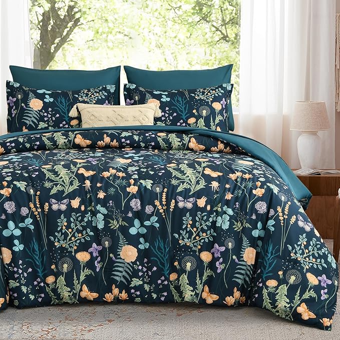 Yiran Floral Full Size Comforter Set, 7 Piece Peacock Blue Comforter Bedding Set, Spring Bed in a Bag with Botanical Flowers Pattern, Soft Microfiber Complete Bedding Set with Sheets for All Season