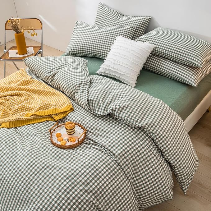 mixinni Green Gingham Comforter Set California King, Plaid Comforter Set 3 Pieces 1 Green Grid Comfoter with 2 Pillow Cases for All Seasons, Soft Fluffy Modern Grid Pattern Printed Bedding