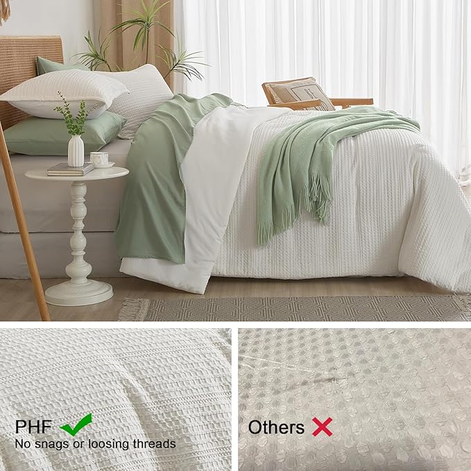 PHF Soft Waffle Comforter Set Twin Size- Comfy Breathable Waffle Weave Comforter with 1 Pillow Shams, 2 Pieces Less Snagging Lightweight Textured Bedding Set for All Season, Cream