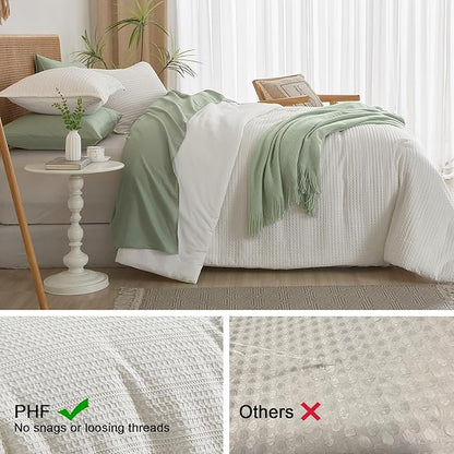 PHF Soft Waffle Comforter Set Twin Size- Comfy Breathable Waffle Weave Comforter with 1 Pillow Shams, 2 Pieces Less Snagging Lightweight Textured Bedding Set for All Season, Cream