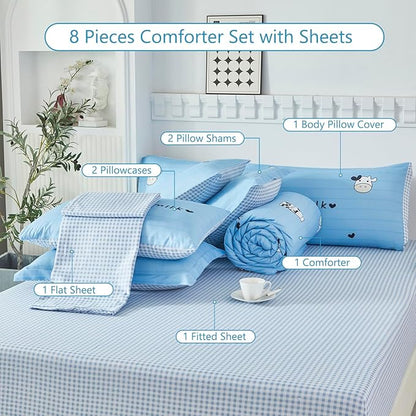 SUCSES 8 Pieces Blue Full Size Comforter Set Striped Western Kids Bedding Sets for Boys Girls Milk Cow Print Bed in A Bag with Comforter and Sheets (Blue, Full)