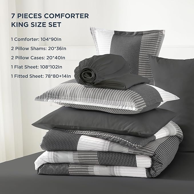 Andency King Size Comforter Set Dark Grey - 7 Pieces Grey Striped Lightweight Bed in a Bag, Soft Microfiber Reversible Bedding Set with Comforter, Fitted & Flat Sheet, Pillowcases & Shams