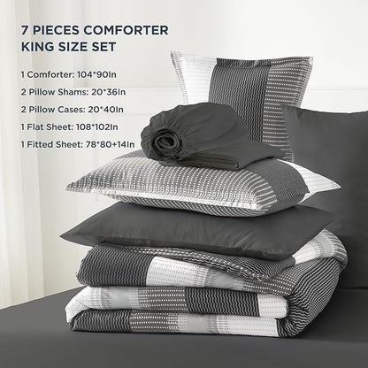 Andency King Size Comforter Set Dark Grey - 7 Pieces Grey Striped Lightweight Bed in a Bag, Soft Microfiber Reversible Bedding Set with Comforter, Fitted & Flat Sheet, Pillowcases & Shams