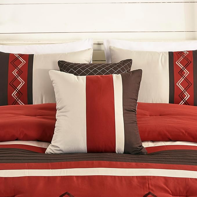Chezmoi Collection Arden 7-Piece Modern Pleated Stripe Embroidered Zigzag Bedding Comforter Set (Full, Spice/Brown/Coffee Cream)