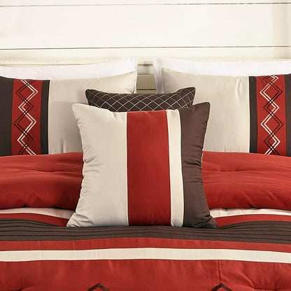 Chezmoi Collection Arden 7-Piece Modern Pleated Stripe Embroidered Zigzag Bedding Comforter Set (California King, Spice/Brown/Coffee Cream)