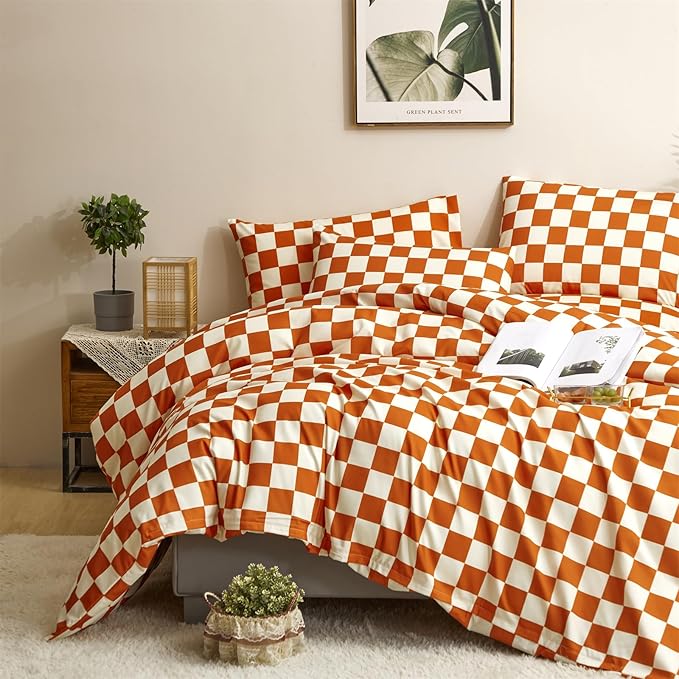 CLOTHKNOW Orange Plaid King Size Comforter Set Grid Bedding Comforter Sets Soft Lightweight Caramel Comforter King Checker Comforter