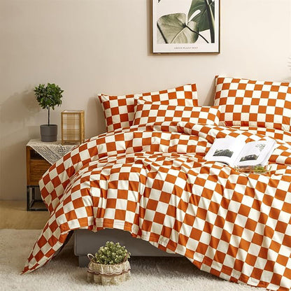 CLOTHKNOW Orange Plaid Queen Comforter Set Grid Bedding Comforter Sets Soft Checker Queen Comforter Burnt Orange Queen Size Comforter Sets