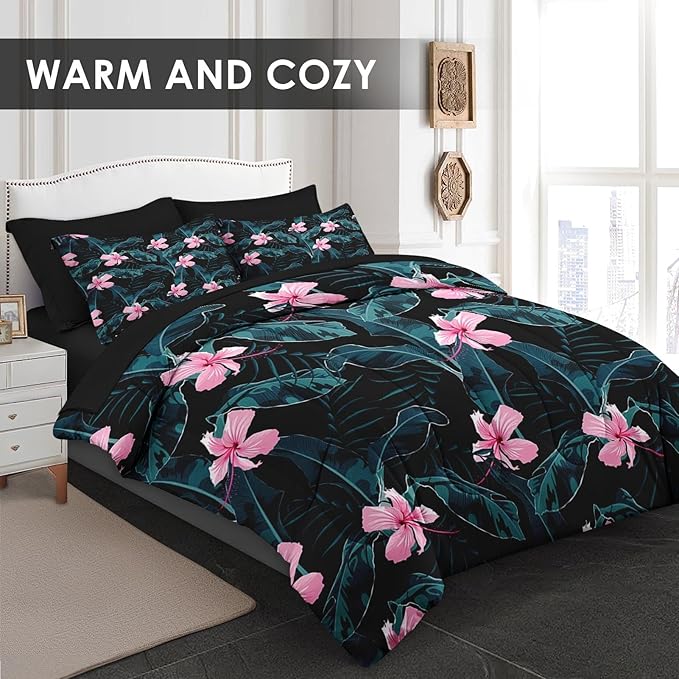 Comforter Set King Size, Summer Palm Leaf Banana 7 Pcs Bedding for Kids and Adults, Hibiscus Flower Bed Sheet Sets with Fitted Sheet 2 Pillowcases & 2 Shams for Bedroom Bed Decor