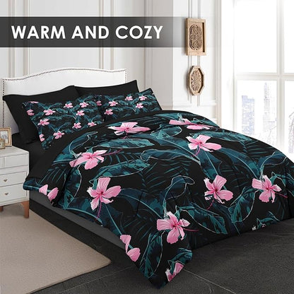 Comforter Set King Size, Summer Palm Leaf Banana 7 Pcs Bedding for Kids and Adults, Hibiscus Flower Bed Sheet Sets with Fitted Sheet 2 Pillowcases & 2 Shams for Bedroom Bed Decor