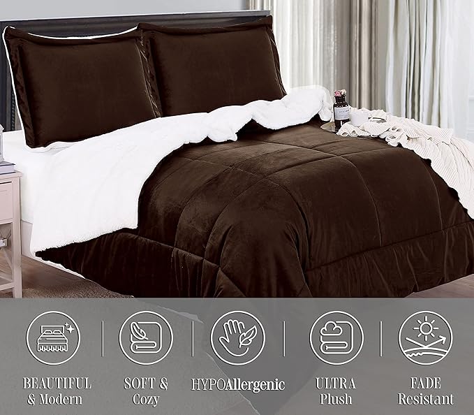 Elegant Comfort Super Soft Sherpa Comforter 3-Piece Set Premium Quality, Heavy Weight Reversible Down Alternative Micro-Suede, Sherpa Comforter, Cal King, Espresso Brown