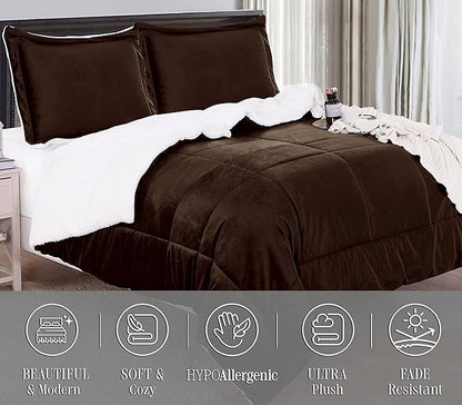 Elegant Comfort Super Soft Sherpa Comforter 3-Piece Set Premium Quality, Heavy Weight Reversible Down Alternative Micro-Suede, Sherpa Comforter, Full, Espresso Brown