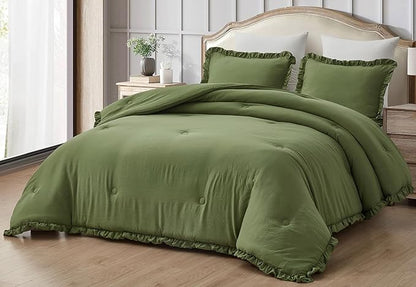 Chezmoi Collection Nora Olive Green Comforter Set King Size 3-Piece Fluffy Soft Stone-Washed Ruffled Shabby Chic Bedding for All Season