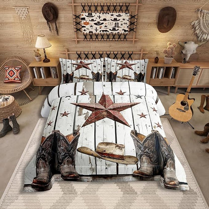Erosebridal Western Texas Star Comforter Set, Rustic Farmhouse Bedding Set Twin Size, Retro Cowboy Horseshoe Quilt for Kids Teens Adult Men Bedroom, Country Wooden Door Bedding Comforter Sets