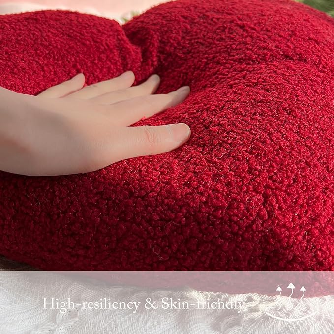 EastTree Heart Pillows, Wine Red Heart Shaped Pillows, Love Throw Pillows, Cute Sherpa Heart Decor, Large Fluffy Pillows, Women Girls Living Bedroom Home Decoration 15x18 Inch