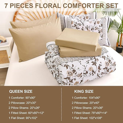 Dobuyly Brown King Size Comforter Set, Floral Botanical Bedding Set 7 Piece Bed in a Bag King, Soft Microfiber Flowers Bedding Comforter Sets with Sheets for All Season