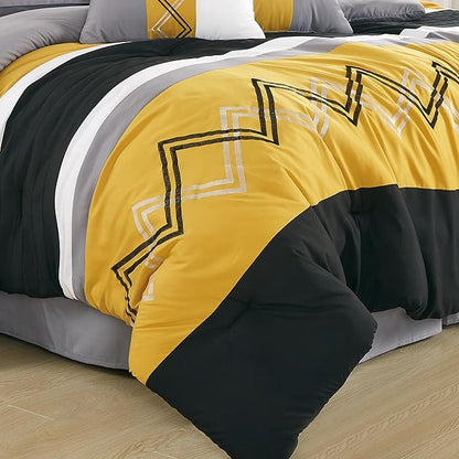 Chezmoi Collection Arden 7-Piece Modern Pleated Stripe Embroidered Zigzag Bedding Comforter Set (Full, Turmeric/Black/Silver Gray/White)