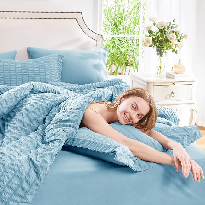 CozyLux Full Size Comforter Sets with Sheets Seersucker 7 Pieces Sky Blue Bed in a Bag Textured Luxury Soft Bedding Set with Down Alternative Comforter, Sheets, Pillowcases & Shams for All Seasons