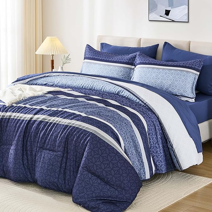 WONGS BEDDING Comforter Set King Size 7 Pieces,Navy Blue Striped Bed in a Bag Comforter and Sheet Set,Patchwork Soft Lightweight Micorfiber Bedding Set for All Seaon (90"×104")