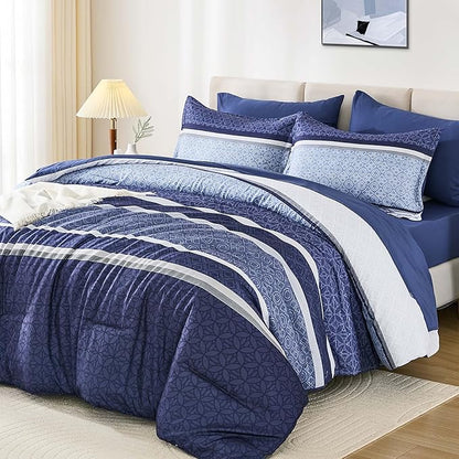 WONGS BEDDING Comforter Set King Size 7 Pieces,Navy Blue Striped Bed in a Bag Comforter and Sheet Set,Patchwork Soft Lightweight Micorfiber Bedding Set for All Seaon (90"×104")