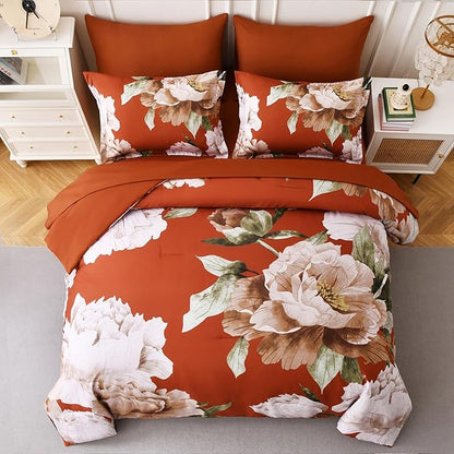 Dobuyly Burnt Orange Comforter Set Queen 7 Piece Bed in a Bag, Floral Printed on Terracotta Comforter Set with Sheets, Soft Microfiber Botanical Fall Bedding Set for All Season
