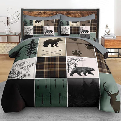 7 Pcs Comforter Set Queen Size, Wildlife Hunting Deer Bedding Set for Kids and Adults, Vintage Winter Animal Bear Plaid Bed Sheet Sets with Fitted Sheet 2 Pillowcases & 2 Shams