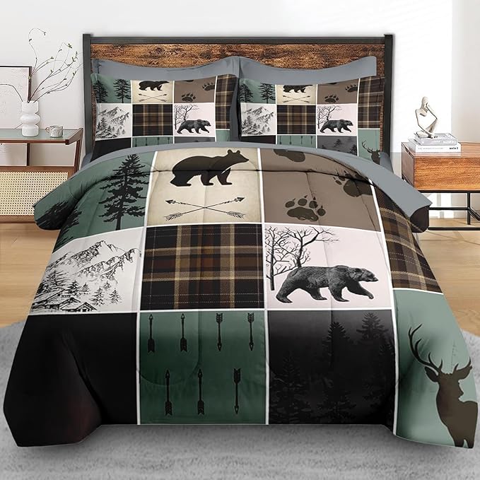 7 Pcs Comforter Set Full Size, Wildlife Hunting Deer Bedding Set for Kids and Adults, Vintage Winter Animal Bear Plaid Bed Sheet Sets with Fitted Sheet 2 Pillowcases & 2 Shams